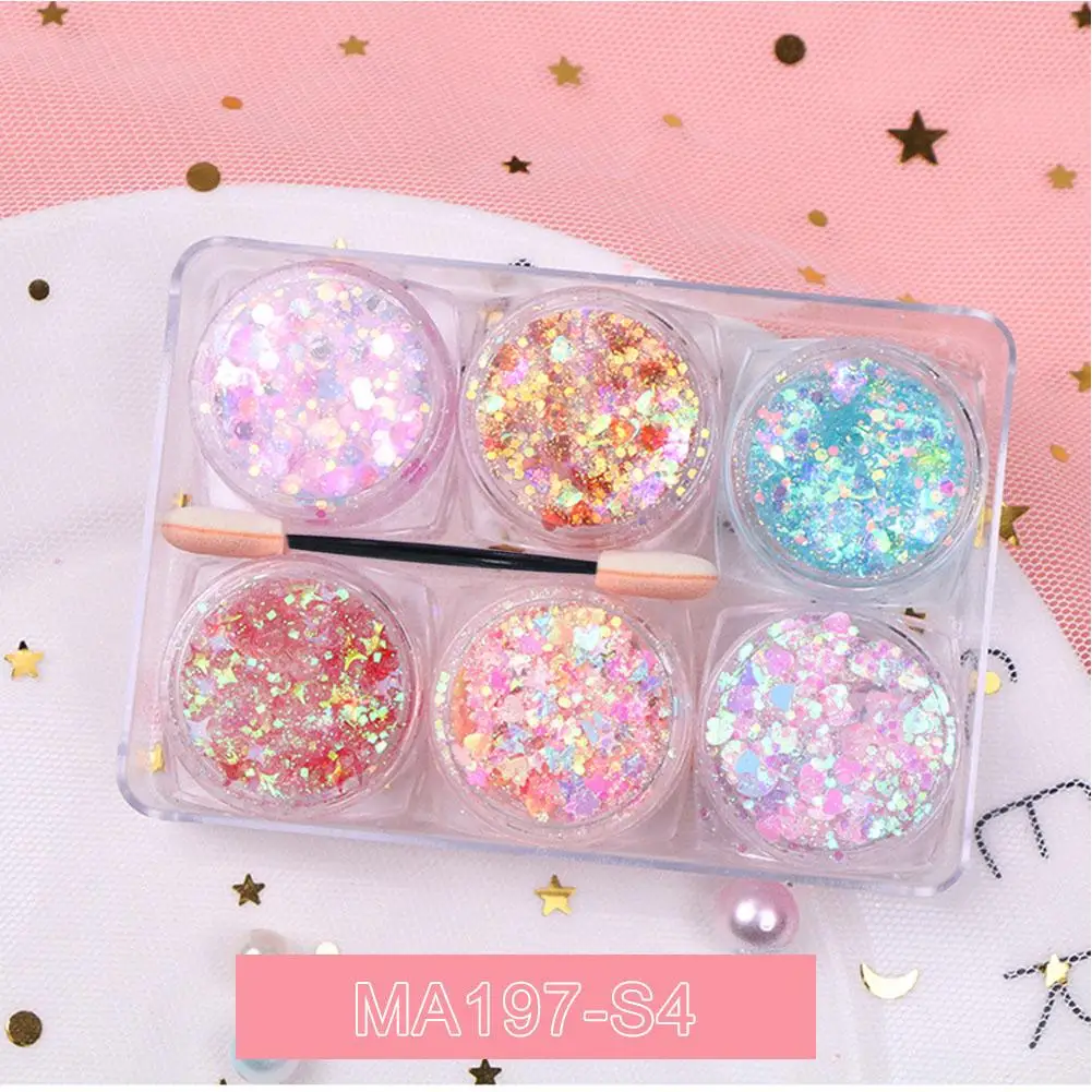 Sombra de ojos brillo Gel crema cara pelo cuerpo uñas brillo Luna corazón estrella EWW maquillaje suelto N Festival Gel decoraciones lentejuelas F6U1