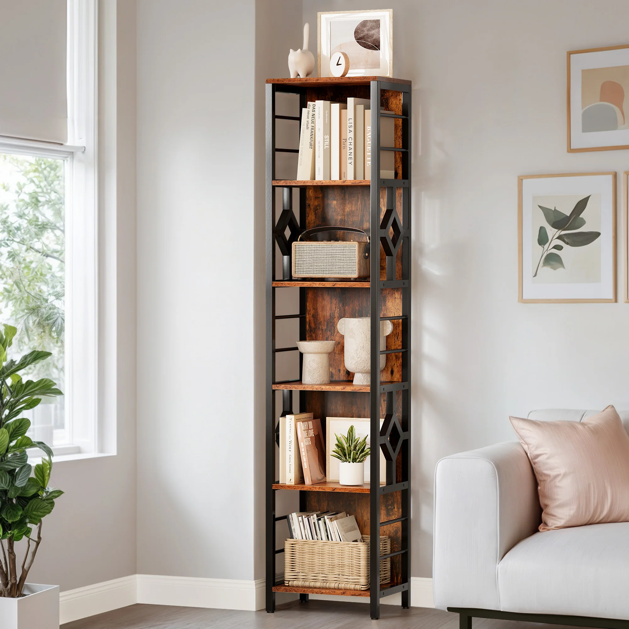 5-Tier Tall Narrow Bookcase Bookshelf Open Storage Display Rack for Living Room