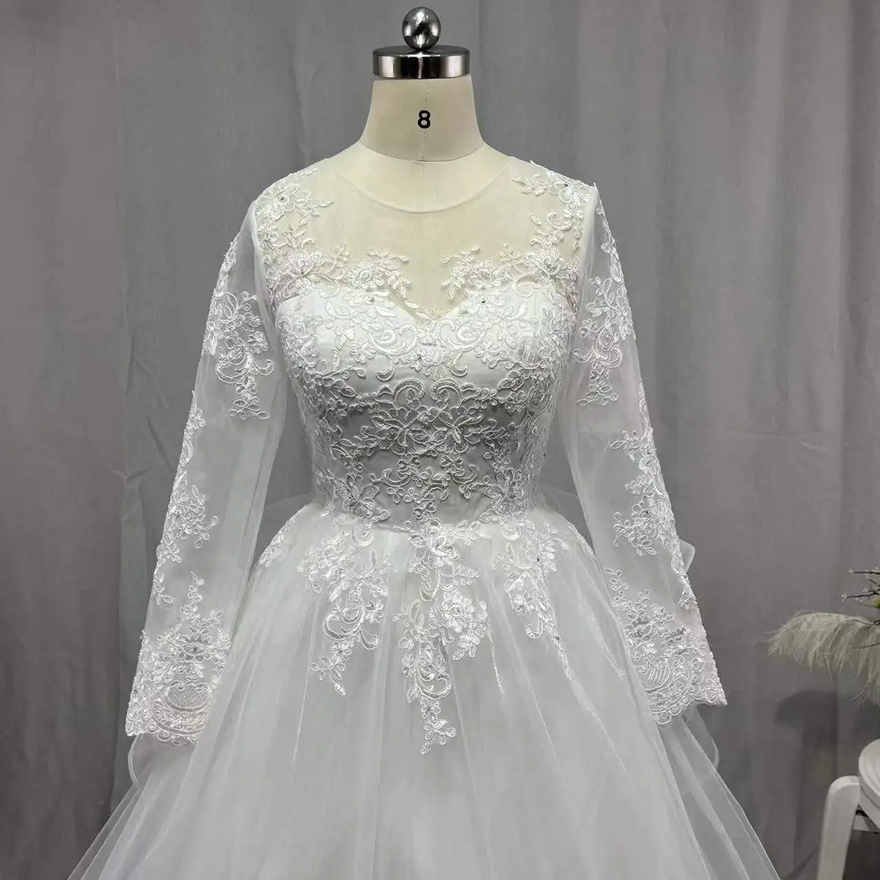 Vestido de noiva luxuoso para baile, de princesa, manga longa, com renda, jóias, pescoço, vestido de casamento, para noiva, ilusionismo, costas