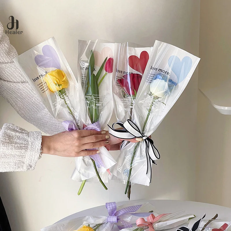 20pcs Single Rose Sleeves Flower Wrapping Bag Bouquet Packaging Bags Clear Cellophane Floral Wrappers For Valentine's Day