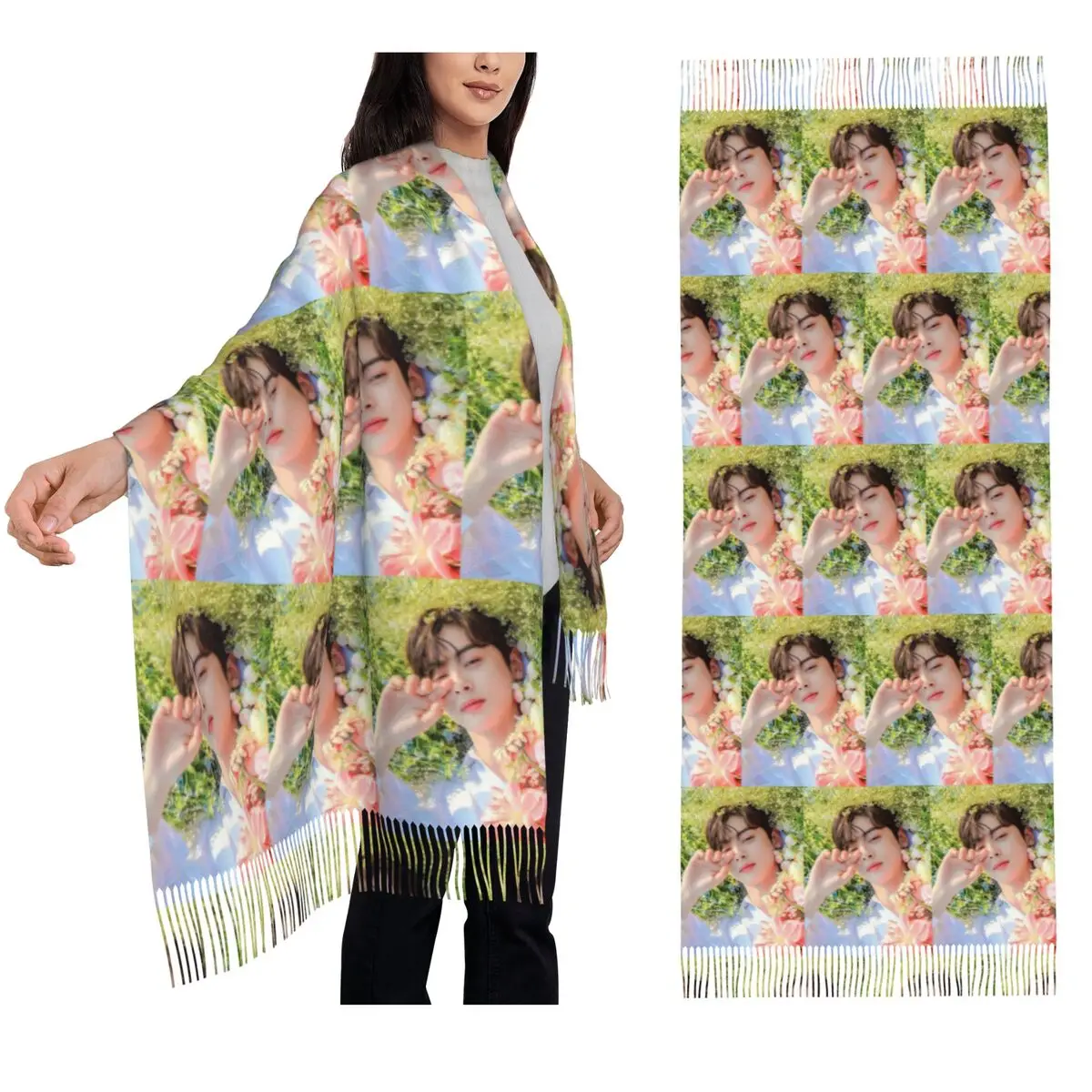 

Cha EunWoo Kpop Astro Scarf Tassel Scarves Women Soft Warm Shawls and Wraps Large Fall Winter Shawl Wrap