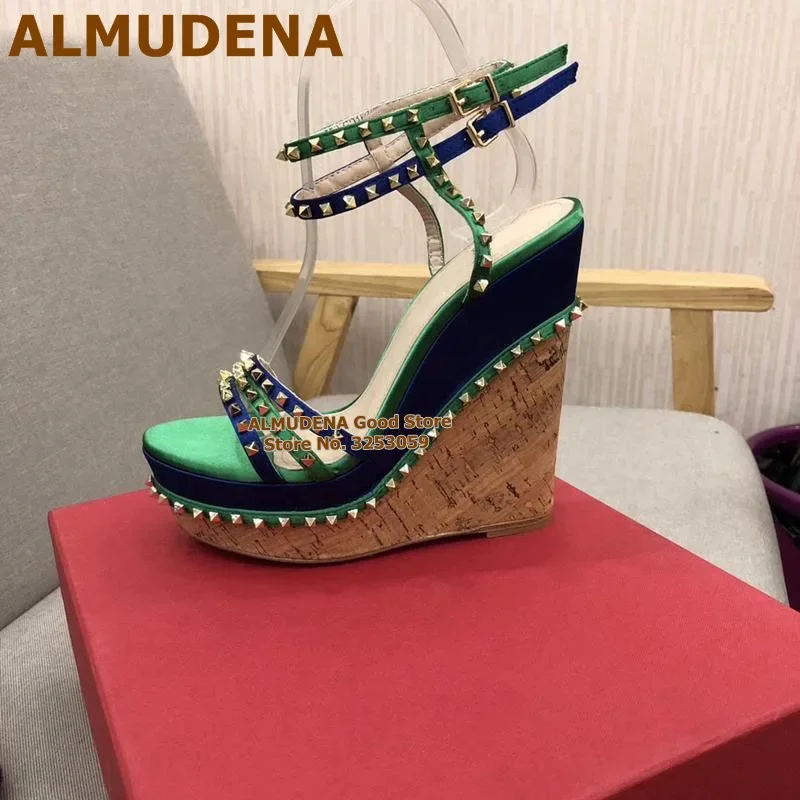 ALMUDENA Wood Wedge Heels Sandals Platform Gold Rivets Dress Pumps Women Strappy Pyramid Studded Gladiator Shoes Size43 Dropship