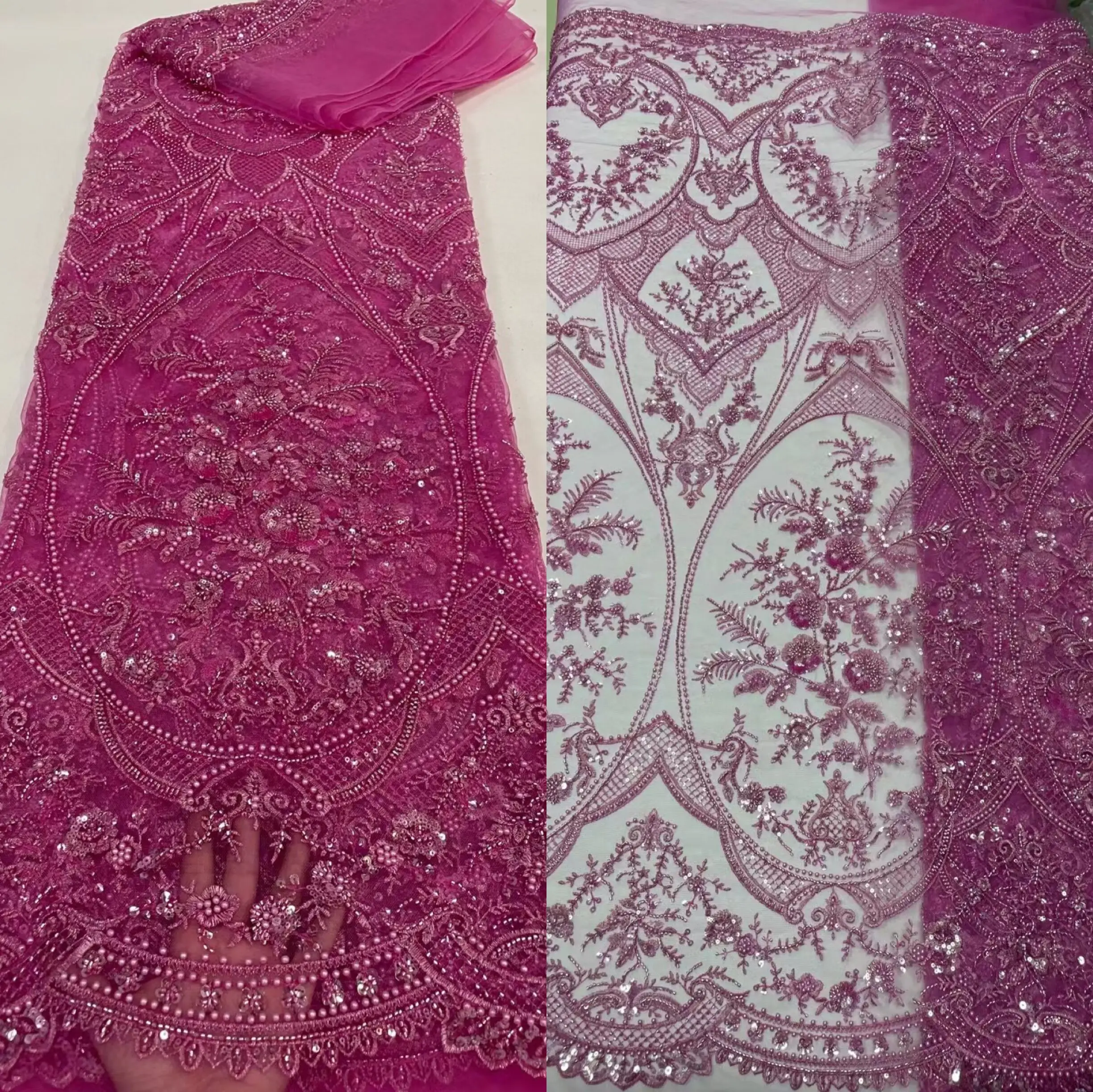 

African L-1213886 Lace Fabric High Quality Nigerian Tulle Sequin and beads Fabrics for Bridal Wedding Dresses Lace