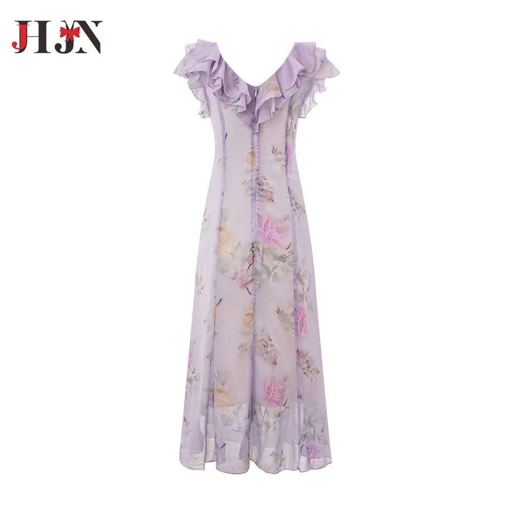 JHJN Strand Stil Frauen Kleid Rüschen V-ausschnitt Floral Bedruckte Rock Mesh Sheer Kleid Knöchel-Länge Fairycore Y2k Weibliche Vestido Tops