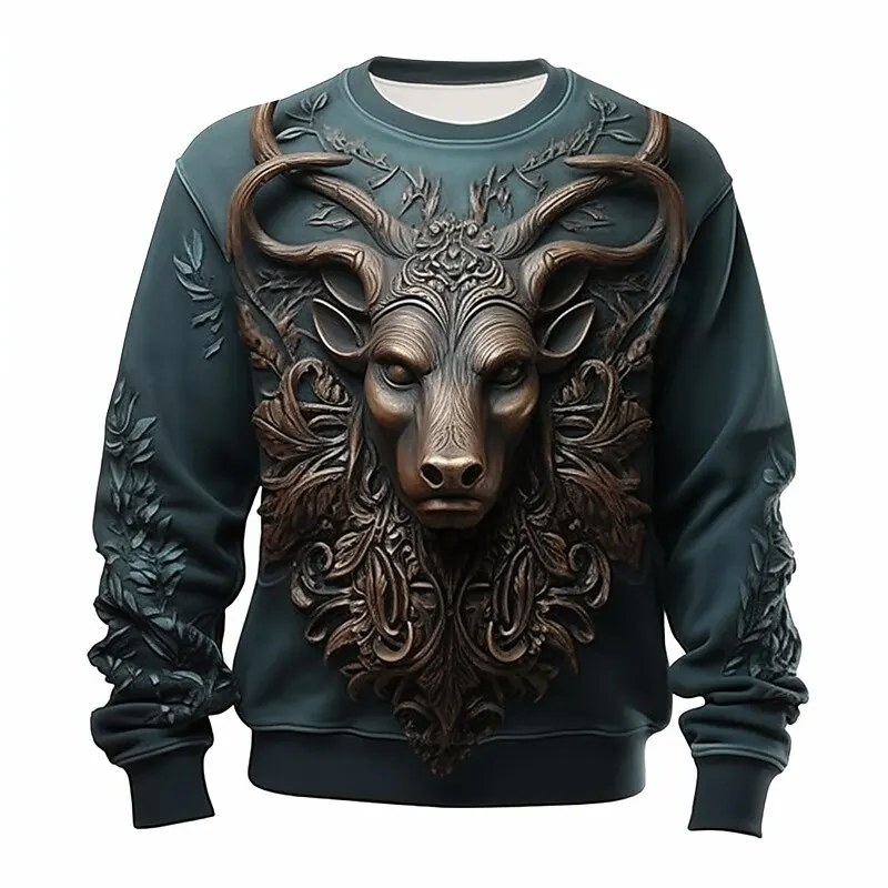 

3D Goat Print Men's O-Neck Sweatshirt Mysterious Vintage Pattern Long Sleeve No Hood Pullover Autumn Loose Daily Casual Male Top