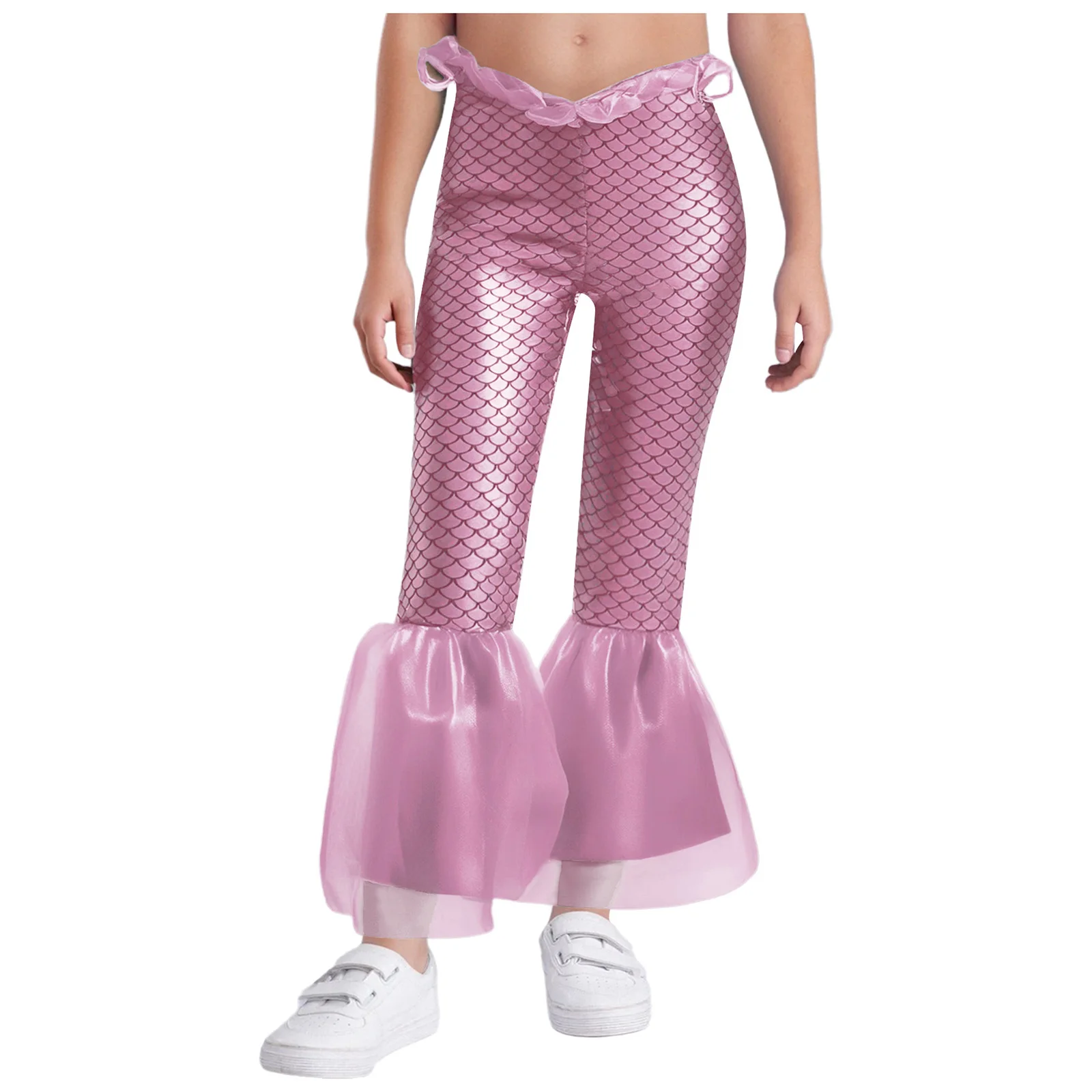 

Костюм русалки на Хэллоуин для девочек, блестящие рыбьи чешуи, расклешенные брюки с эластичной резинкой на талии и рюшами, брюки-клеш для тематической вечеринки