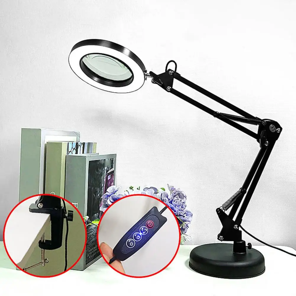 1 Set Table Lamp Adjustable Long Light Arm Energy Saving Eye Protection Illumination Foldable 2 in 1 Magnifying Glass Desk Lamp