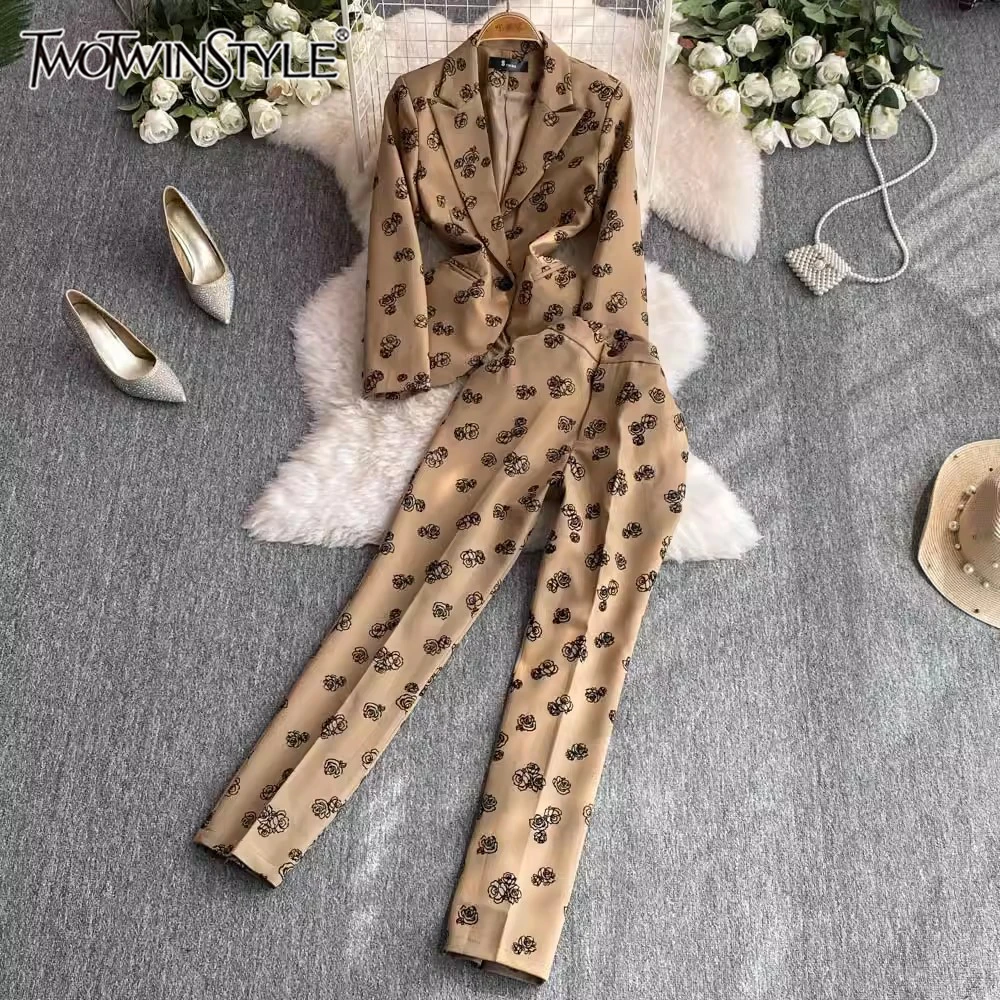 

TWOTWINSTYLE Floral Printing Two Piece Set For Women Notched Collar Long Sleeve Top High Waist Pant Slimming Sets Female Style