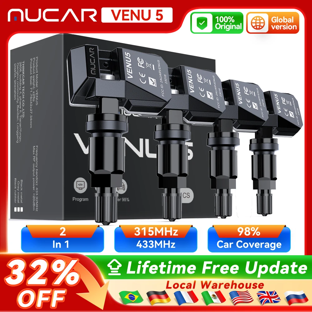 

MUCAR VENU 5 Sensor 433 315MHZ TPMS Sensor 2 in 1 Tire Repair Tools Scanner Tire Pressure Monitor Tester Programming 4 PCS Metal