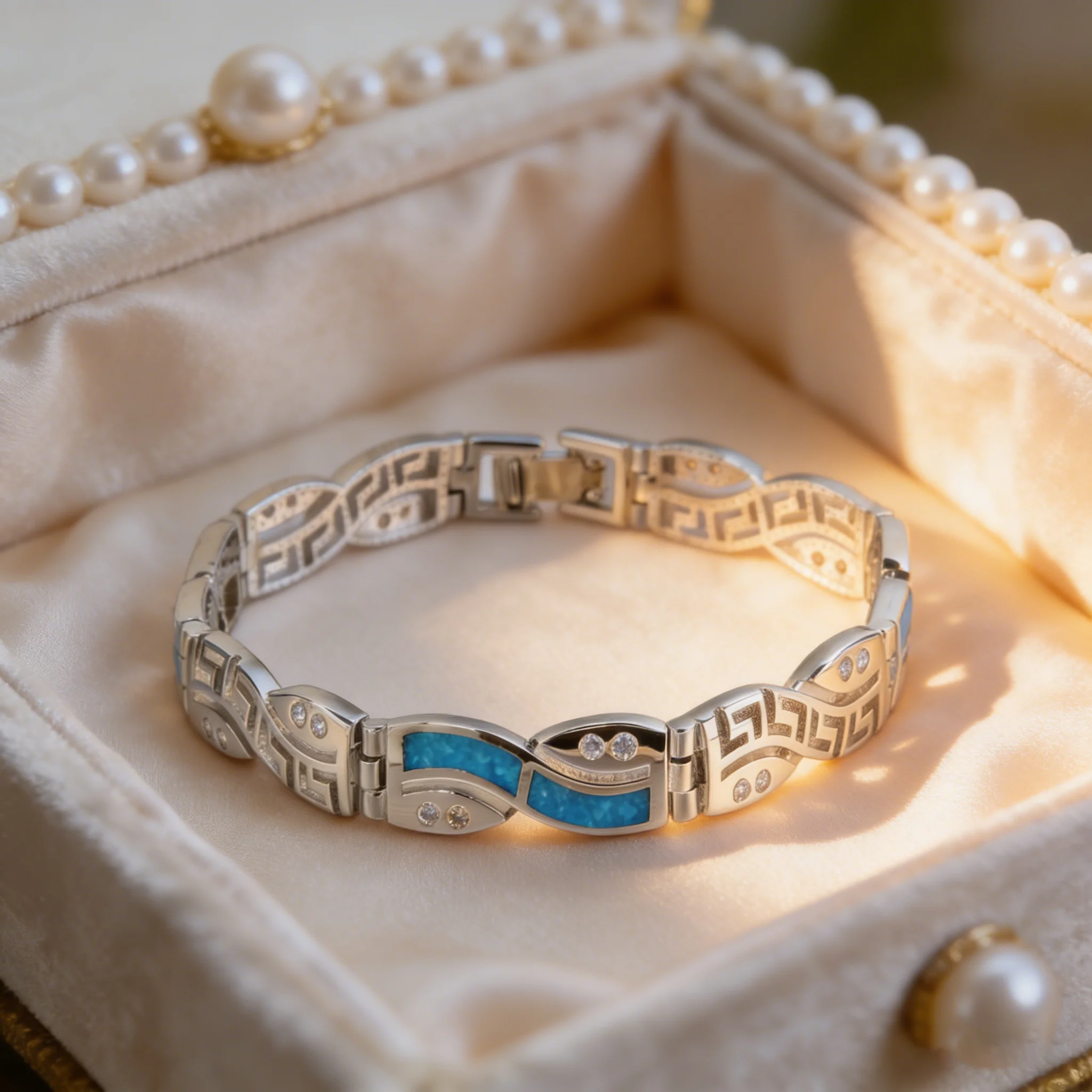 Blue Opal Inlay Bracelet with Greek Key Pattern – Vibrant Blue Gemstone Geometric Statement Band for Women Perfect Gift for Her