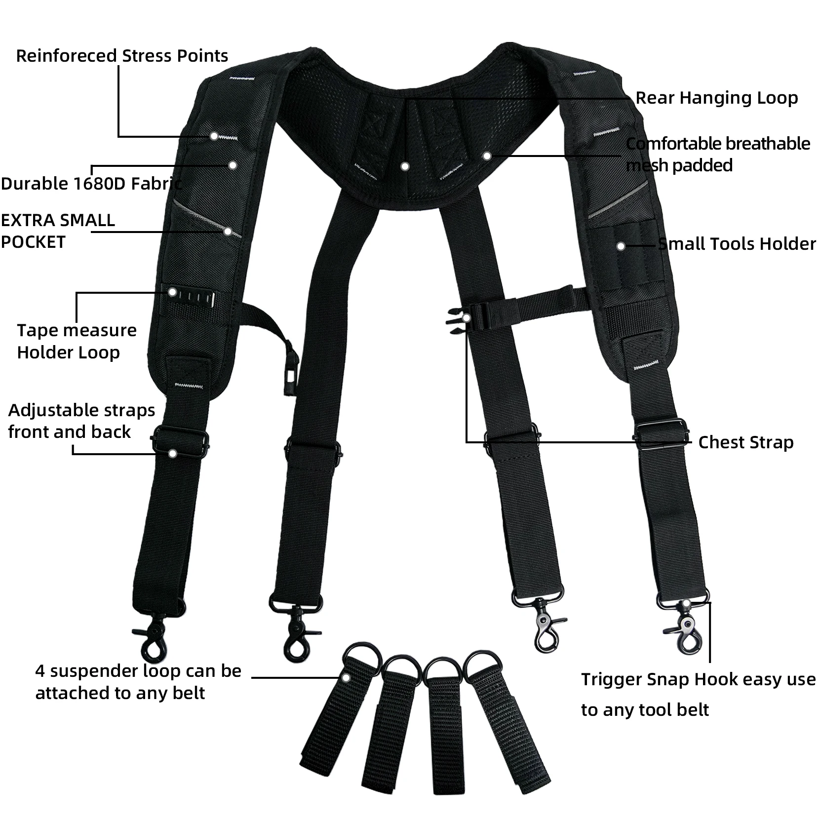 KUNN Tool Belt Suspenders Padded Carpenter Construction Electrician Work Suspender with Attachment Loops for Men,Black