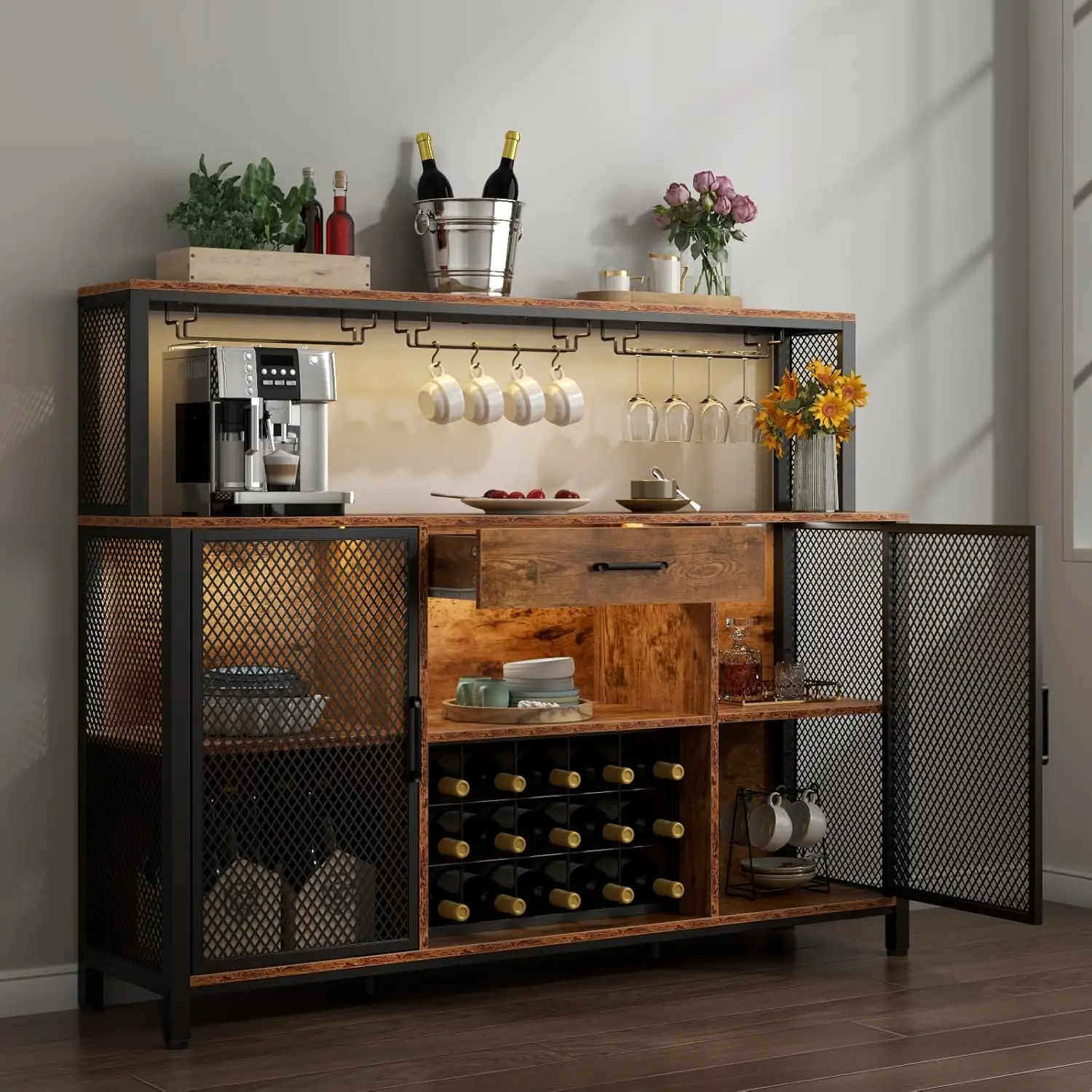 Bar cabinet, buffet cabinet (with wine rack storage), industrial coffee bar cabinet (with wine rack and wine glass rack)