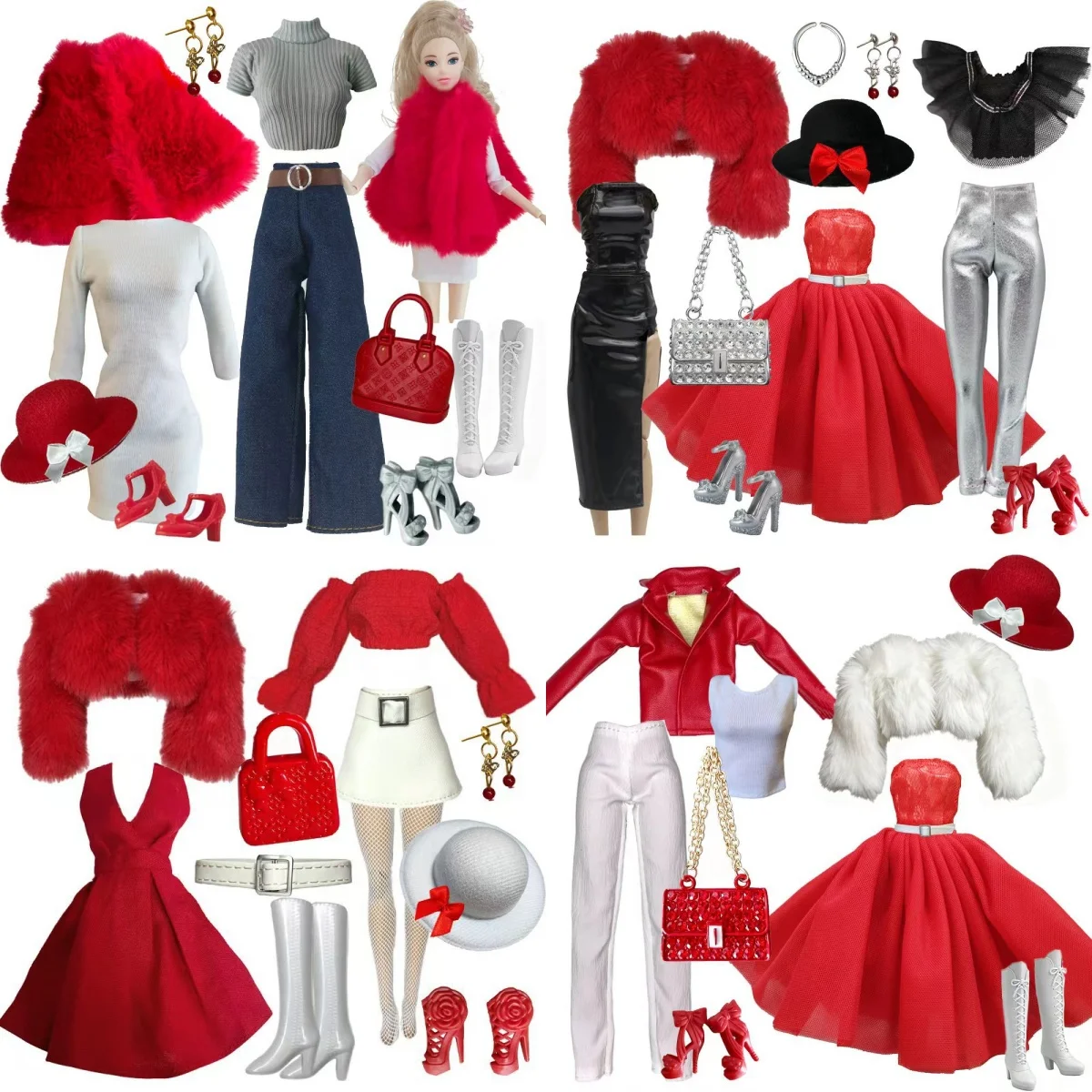 

1/6 Doll Clothes Parts Red Classic 9 Style Clothes+Dress+Trousers+Shoes+Bag Set For Babi Xianxian Supermodel Doll Dress Up