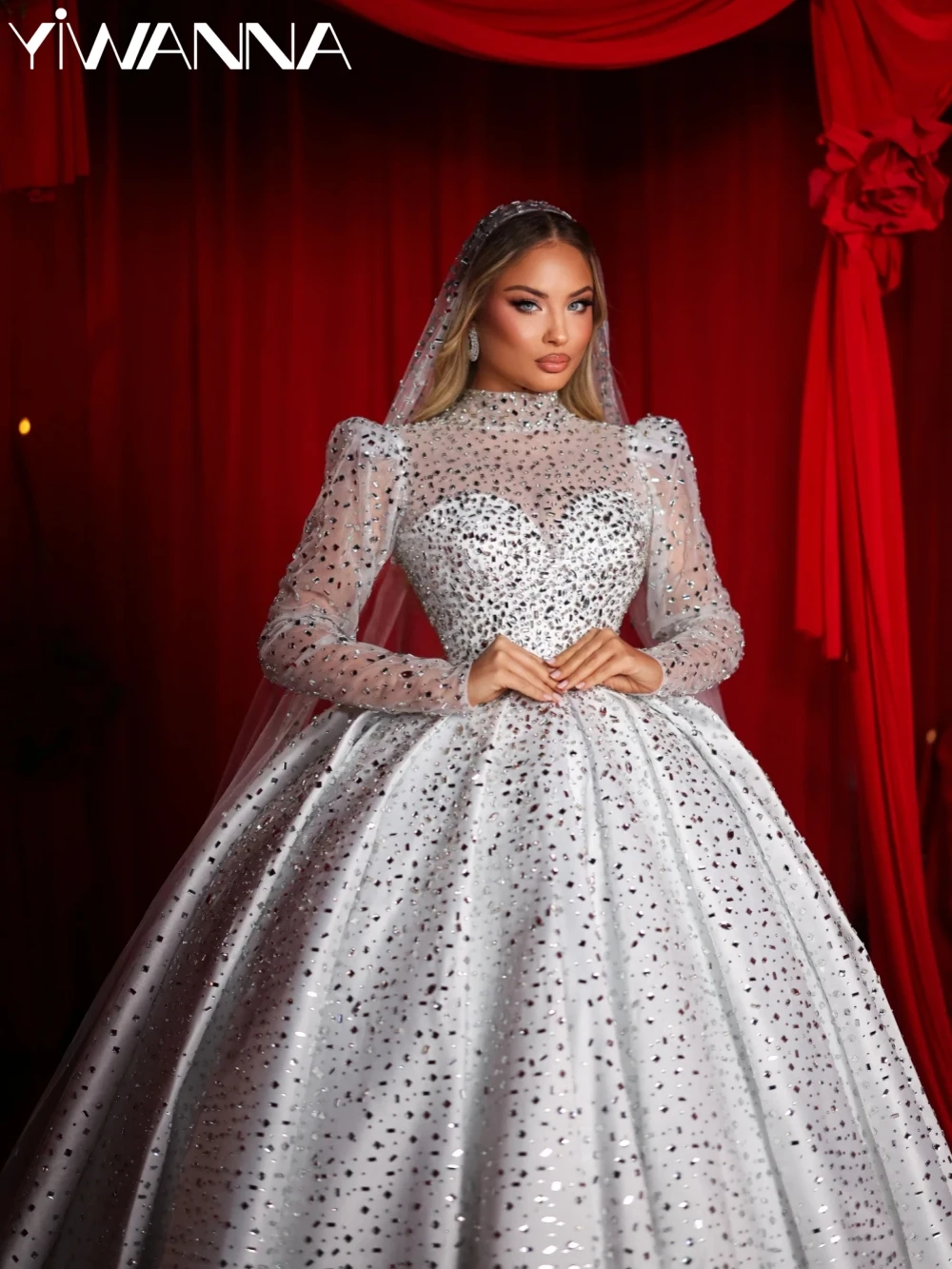 

Gorgeous Silver Crystal Ball Gown Wedding Dress Modest High Collar Long Sleeve Bridal Gown Customized Dreamy Dresses For Bride