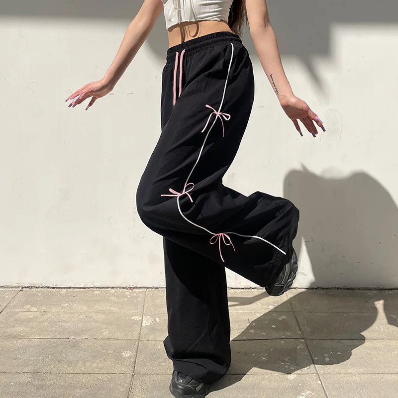 Women Sports Trousers Bow Elastic Waist Drawstring Slacks Loose Floor Length Streetwear 2024 Autumn Female Wide Leg Pants