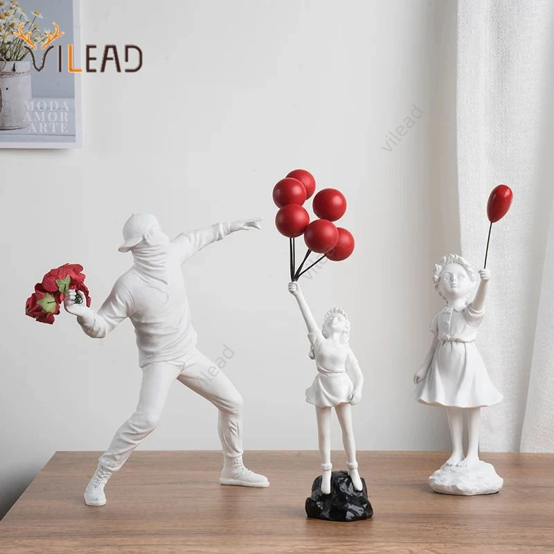 Vivead Banksy Sculpture Collection Flower Thrower Statue Pop Art Modern Balloon Girl Figurine Office Home Decoration Street