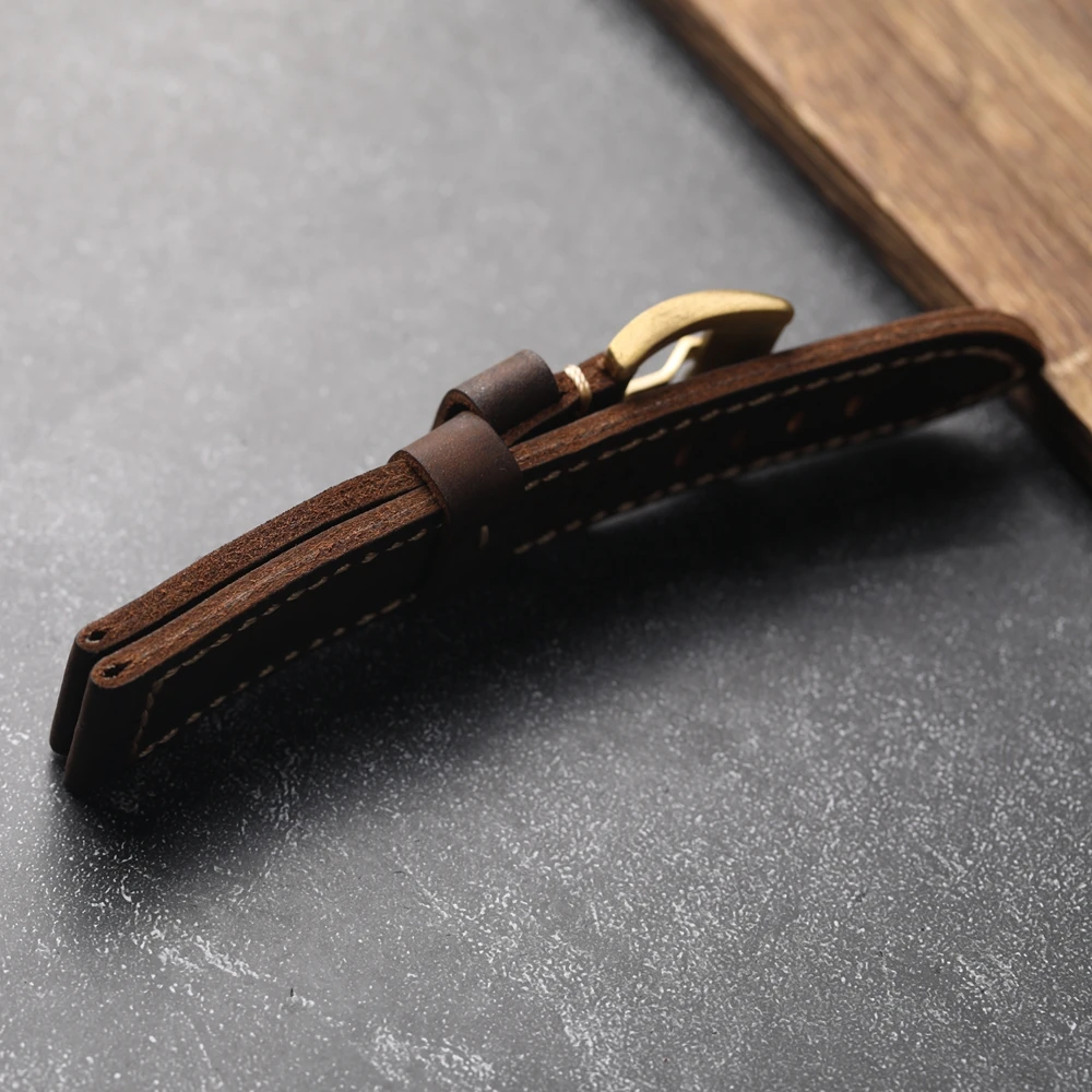 Vintage Head Layer Cowhide  Strap 20mm 22mm 24mm 26mm Brown Copper Buckle Folding Genuine Leather Watch Band