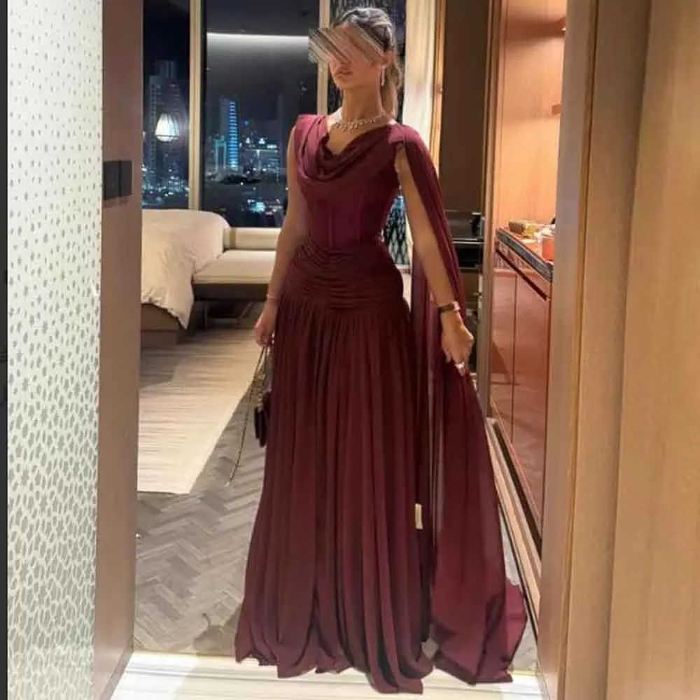 Abito da sera personalizzato con scollo ad anello per matrimonio Abiti da festa in chiffon con linea A con mantella Abiti da festa bordeaux