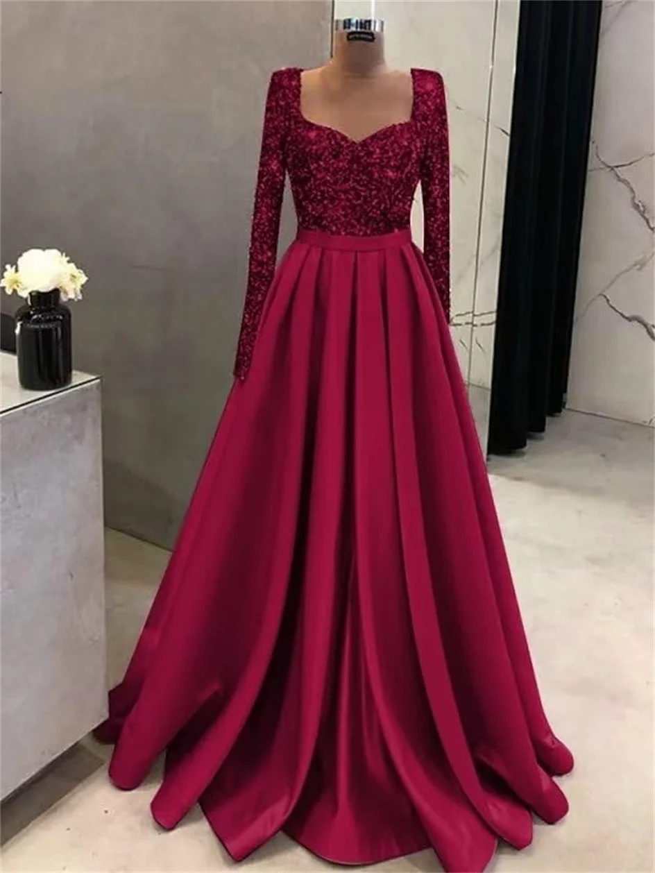 

2024 Long Sleeves Sequin Prom Dresses Satin Ball Gowns Dresses for Women Square Neck Formal Evening Wedding Guest Dres