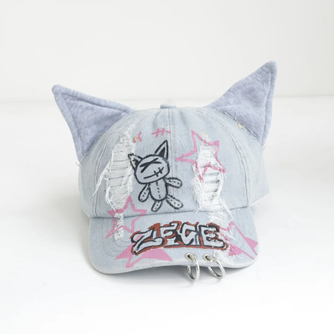2026 NEW y2k Hot Girl Graffiti Jeans cat Ears Cowboy Baseball Hat Wash Graffiti Hip Hop Cap Women Men Party Team Baseball Cap view 3