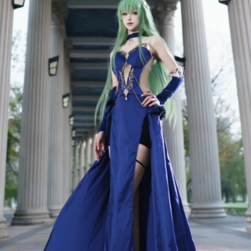 

C.C. Chess Banquet Cosplay Costume Black Evening Gown Full Set With Gold Trim Wig For Women Halloween Party