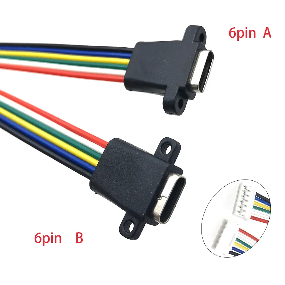 Conector tipo USB-C tipo C, cable de soldadura de 6 pines, hembra, resistente al agua, anillo de goma, puerto de carga rápida de alta corriente