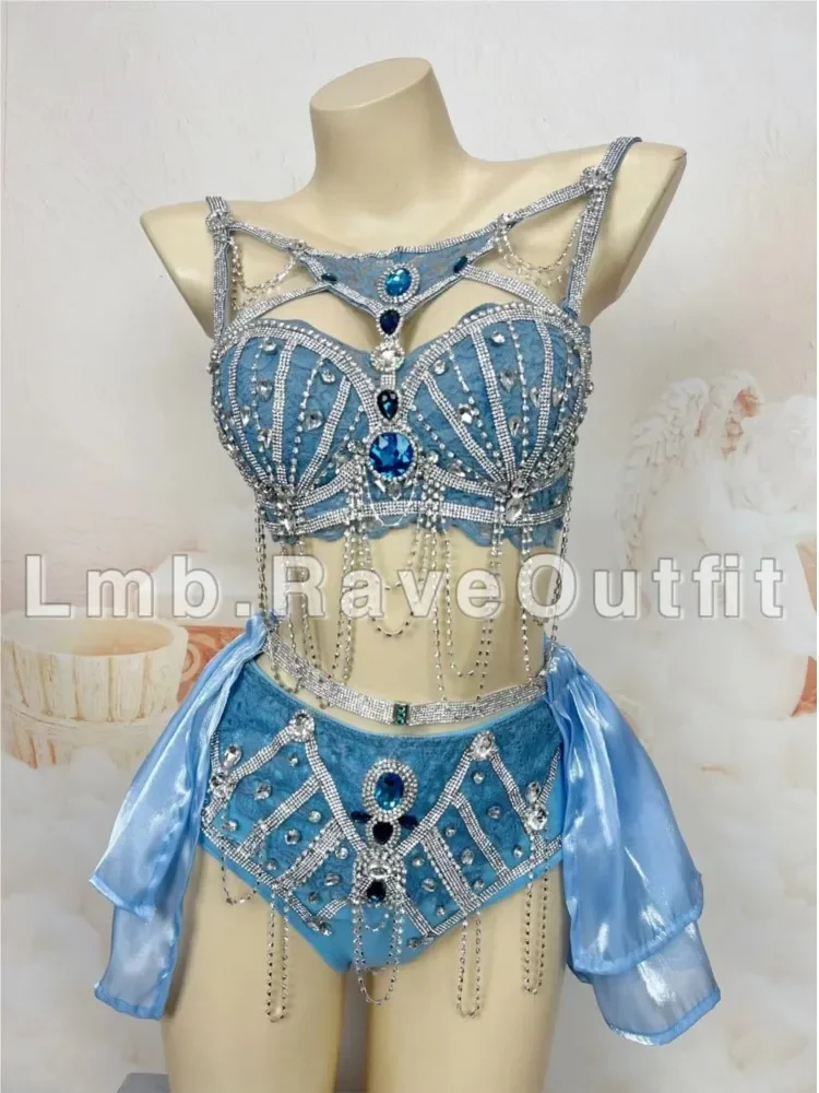 

Blue Sexy Full Drill Electric Sound Bundy Bikini Crystals Costume for Women