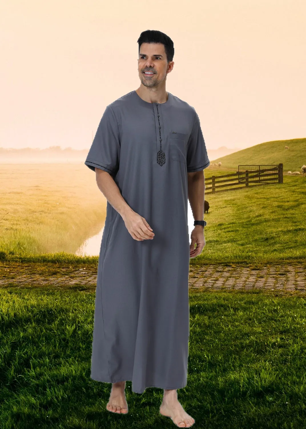 

Мусульманские мужчины с коротким рукавом Jubba Thobe Марокко Кафтан Дубай Абая Исламская одежда Рамадан Турция Кафтан Даффа Dishdasha Thobe Robe