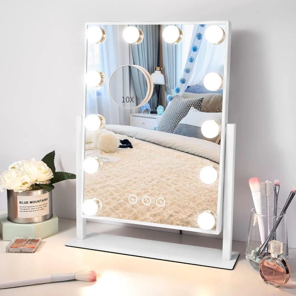 Vanity Makeup Mirror with Lights ,3 Color Lighting Modes Detachable 10X Magnification Mirror Touch Control,360°Rotation, White