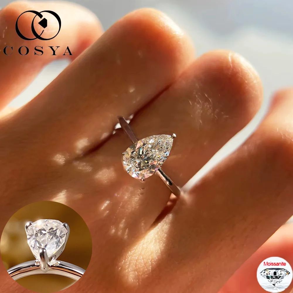 COSYA 1/2/3/4CT Pear Cut Moissanite Ring/Earrings For Women 100% S925 Silver Waterdrop Solitaire Wedding Band Fine Jewelry Gift
