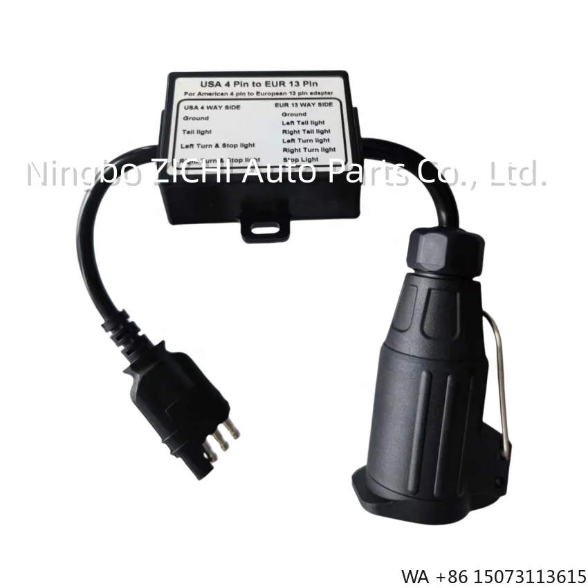 US 4-Way to EU 13-Way Trailer Light Converter 4-Pin Flat to 13-Pin Round Socket
