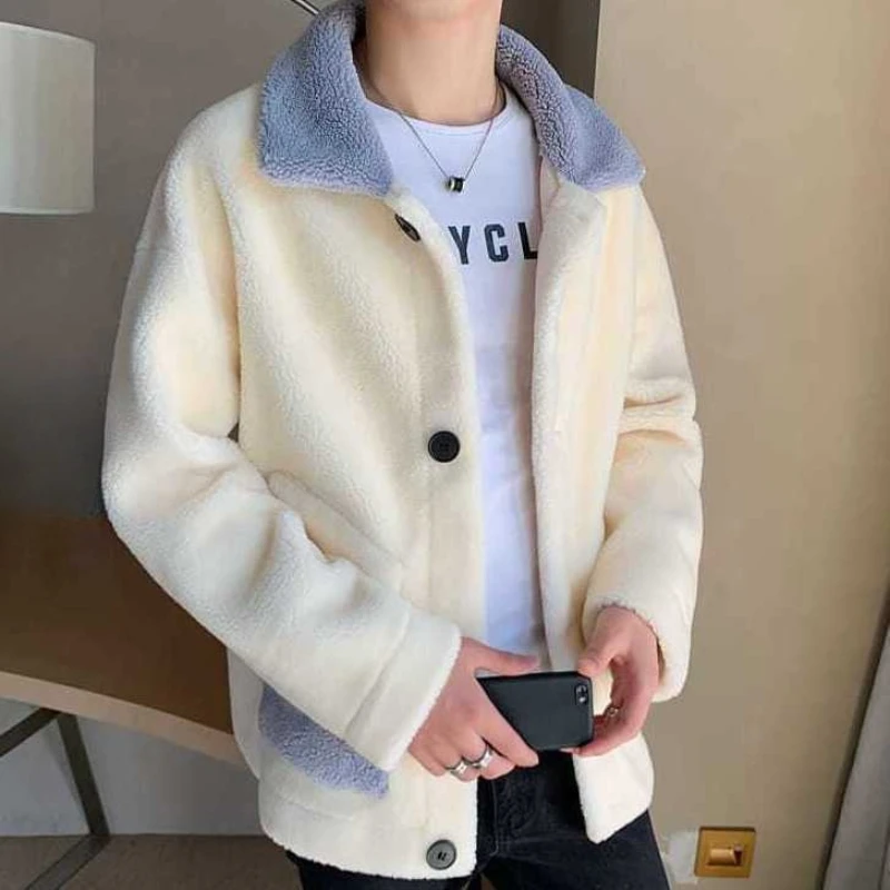 

Мужская зимняя детская куртка с воротником из овечьей шерсти, хлопковая стеганая куртка, стильное и теплое флисовое пальто для студентов-подростков