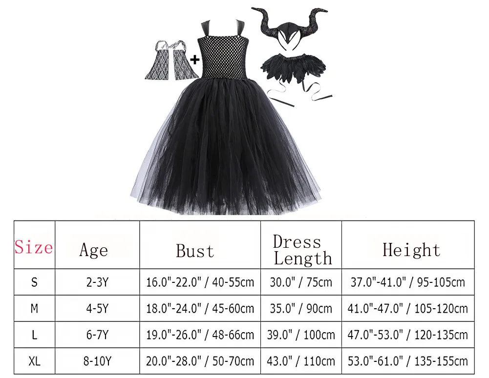Gothic-Mädchen, langes, schwarzes Tüllkleid mit Federkragen, Hexenkostüm für Cosplay, Kinder-Halloween-Karnevalskostüm, Maleficent-Tutu-Outfit. – Detail 1