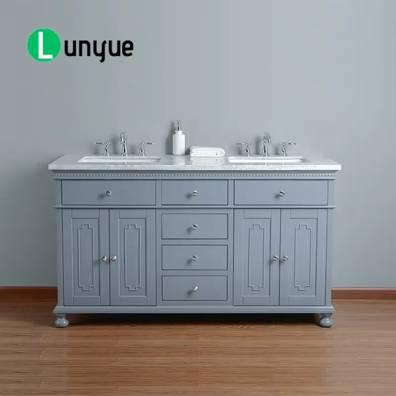 60 Inch Grey Bathroom Vanity Cabinet Classic Floor Standing Sink Base With Legs Modern Storage Furniture For Home Bath Decor
