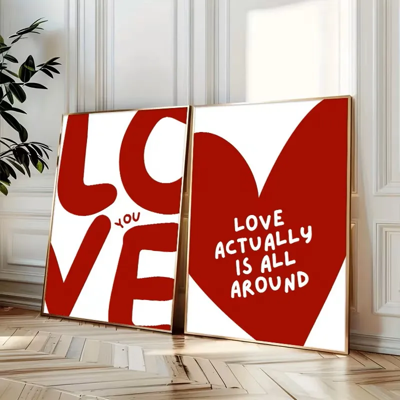 

2pcs Retro Heart-shaped Printed Canvas Posters Romantic Couple Bedroom Decoration Valentine's Day Gifts Living Room Home Decor