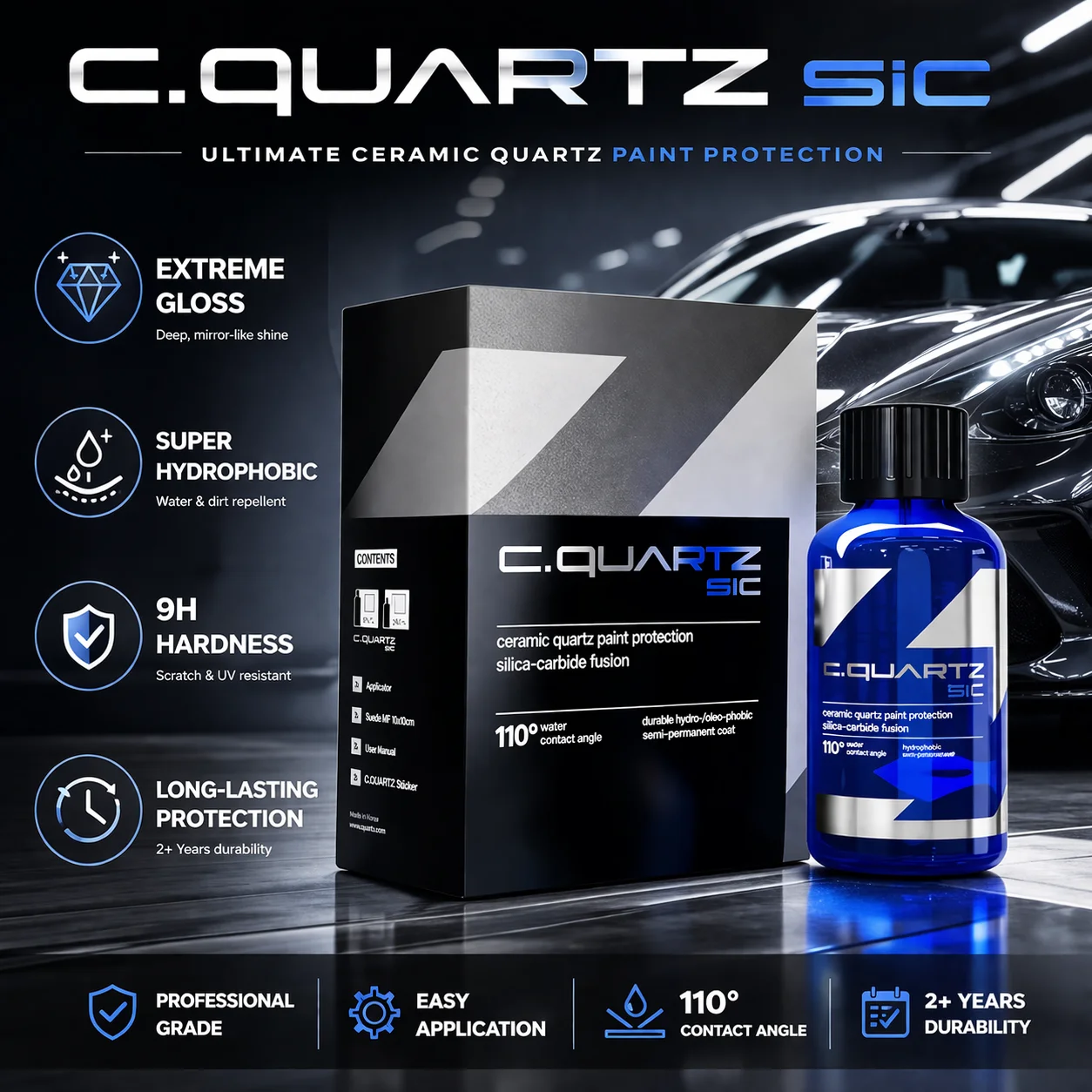 CQUARTZ SiC 30ml Kit - Car Ceramic Coating Finish, Quartz Based Nanotechnology, Bonds to Paint, Glass, Metal and Plastic