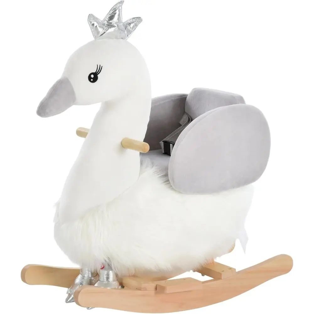 

White Swan Toddler Rocker with Plush Seat, Wooden Base, Safety Belt for 18-36 Months Old