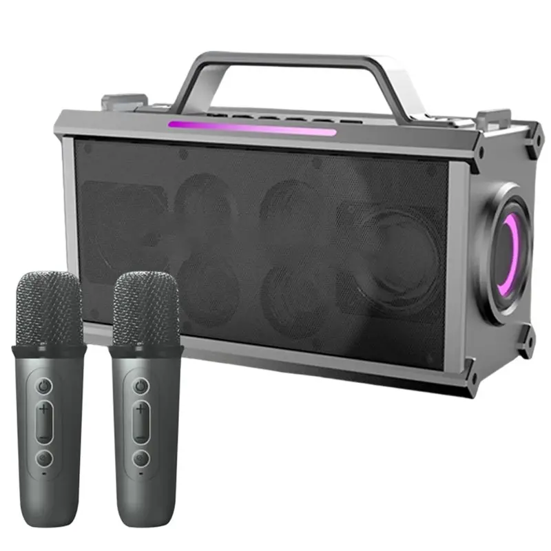 

Беспроводная Bluetooth-колонка со стабильной работой, 2 микрофонами, громким звуком, мощным сабвуфером, портативная, для улицы и дома, для караоке