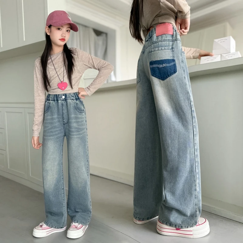 

Джинсы прямого кроя для девочек, весна 2026, новая коллекция, модные повседневные брюки, свободные джинсовые длинные штаны для подростков