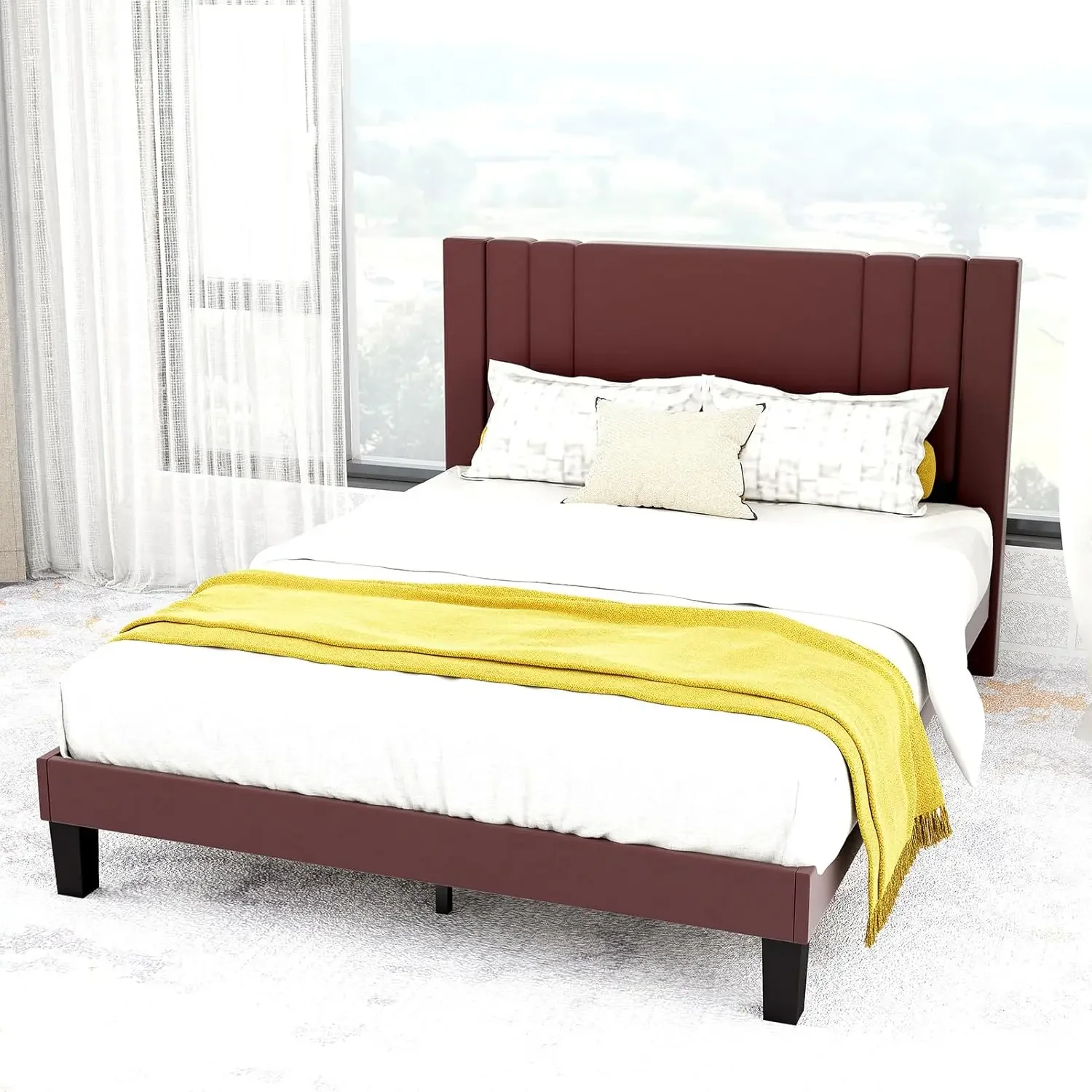 Queen Size Bed Frame, Linen Fabric Upholstered Platform with Headboard (Brown, Queen (U.S. Standard))