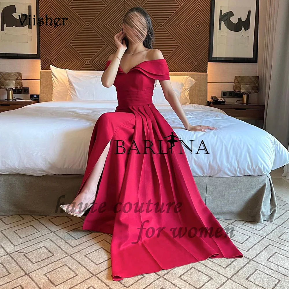 

Burgundy Mermaid Evening Dresses with Slit Pleats Satin Off Shoulder Wedding Guest Dress with Train Arabian Dubai Formal Gowns