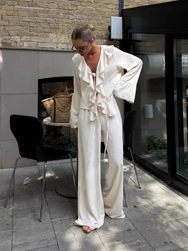 

Fall Women's Clothing Two Piece Sets Woman Party Outfit V Neck Ruffle Long Sleeve Blouse High Waist Wide Leg Pants Polyester