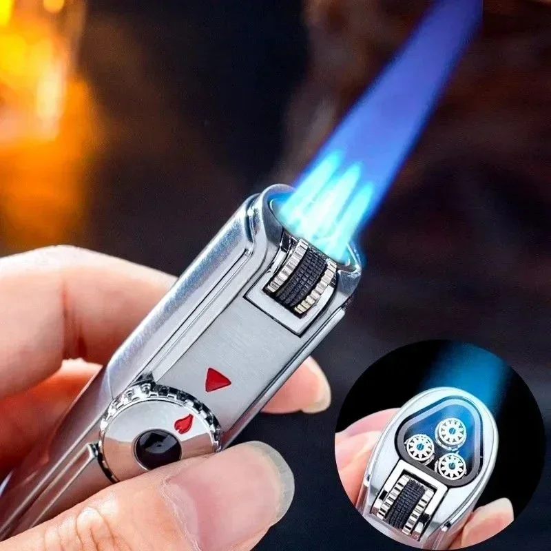 Jobon Torch Lighter Powerful Three Straight Blue Flame Grinding Wheel Windproof Cigar Lighter Turbo Spray Gun Men's Gadgets view 5