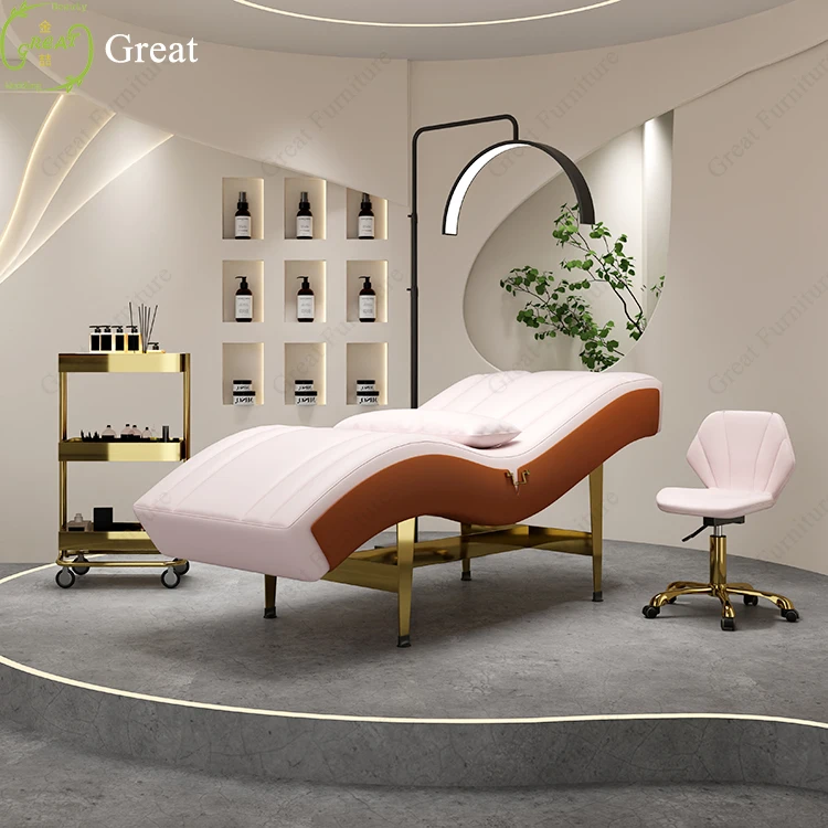 

2024 New Design Beauty Salon Furniture pink Eyelash Facial Bed Modern Gold Curved Beauty Bed