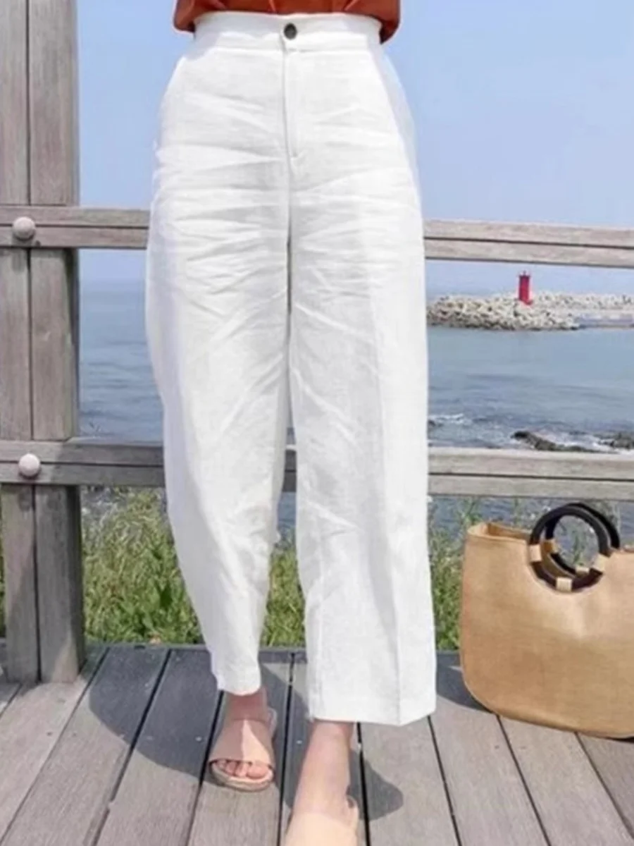

High Waist Wide Leg Cotton Linen Loose Fit Summer Casual Pants for Women Nine Points Trousers ape Sandal ape Pear S...