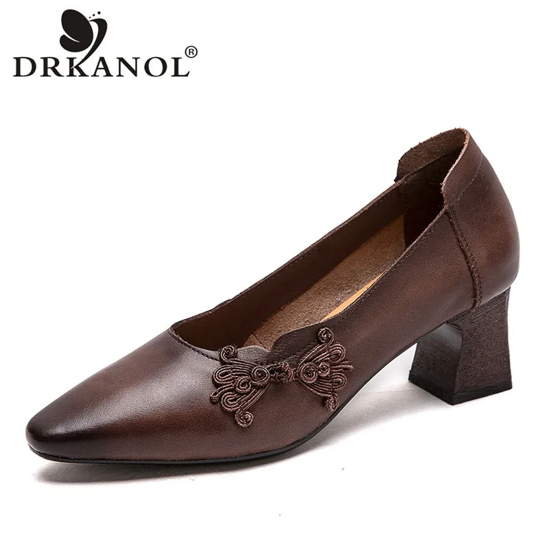 

DRKANOL 2024 Elegant Pumps Women Thick Heel Pointed Toe Shoes Genuine Cow Leather Slip On Shallow Retro Style Women Office Shoes