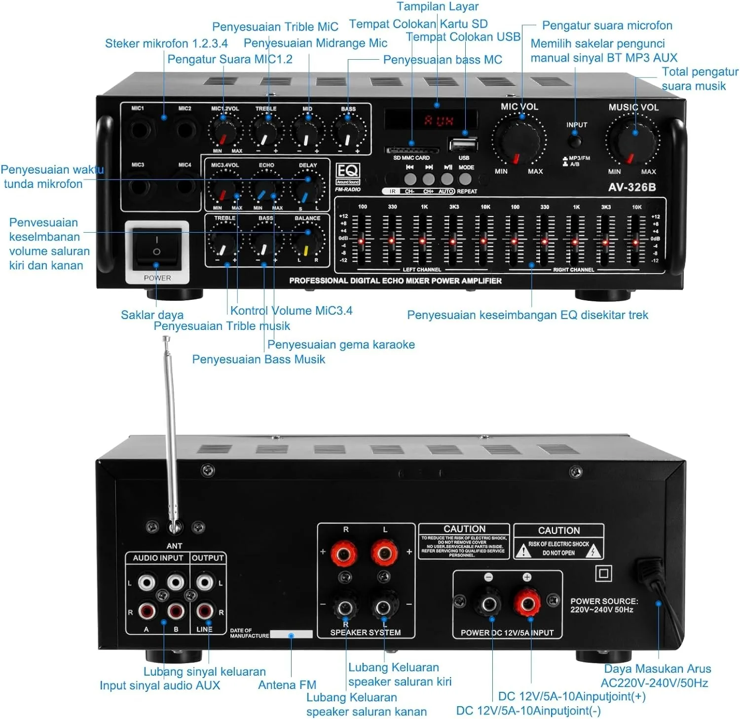 High Power Home Amplifier AV 12V/110V/220V 4 Channels Bluetooth 5.0 Equalizer Car Outdoor Karaoke Support USB/SD Card Playback