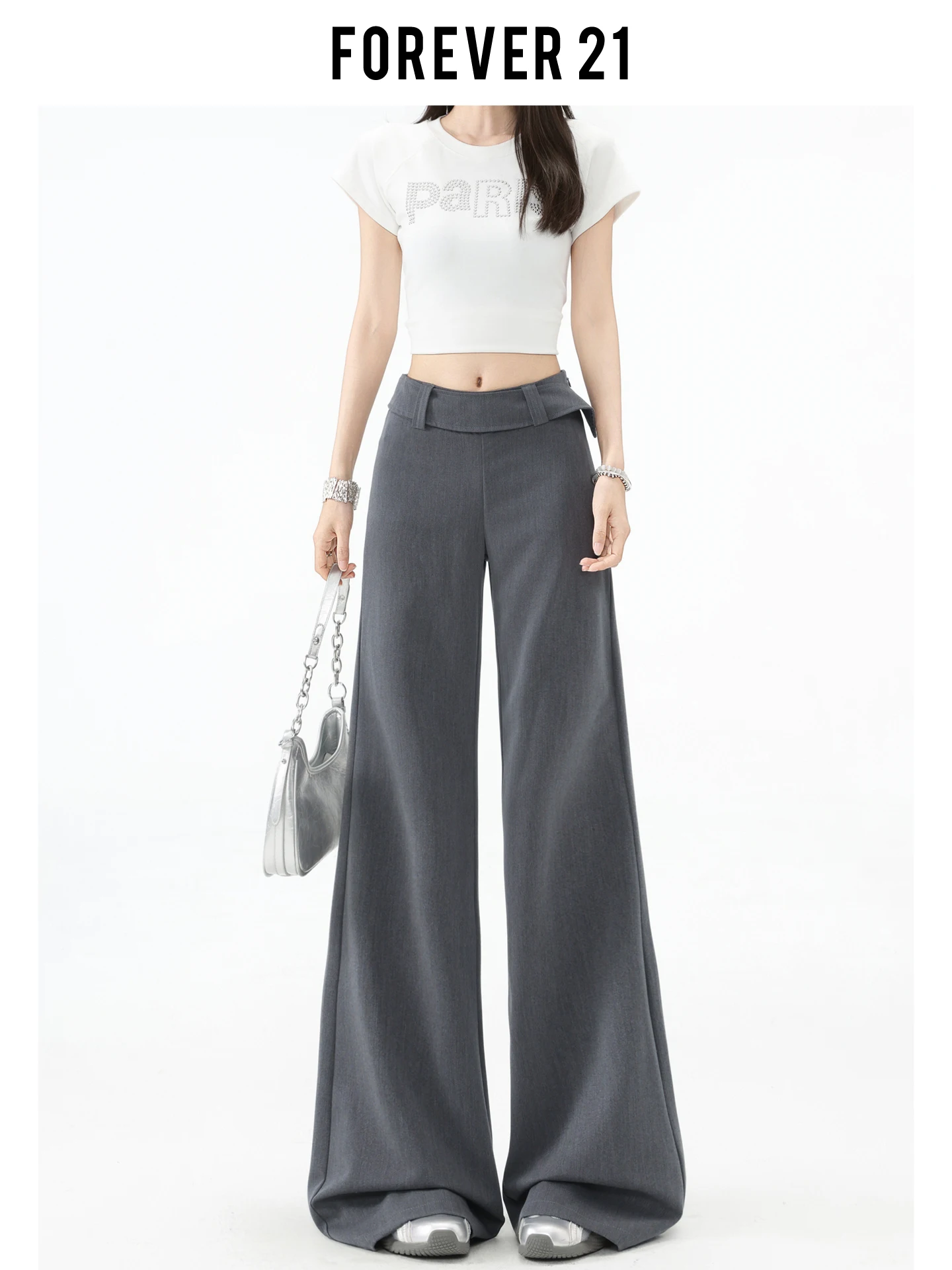 Pantalones anchos de diseño americano gris, pantalones informales de cintura alta, pantalones de traje holgados y largos hasta el suelo para mujer, Forever 21