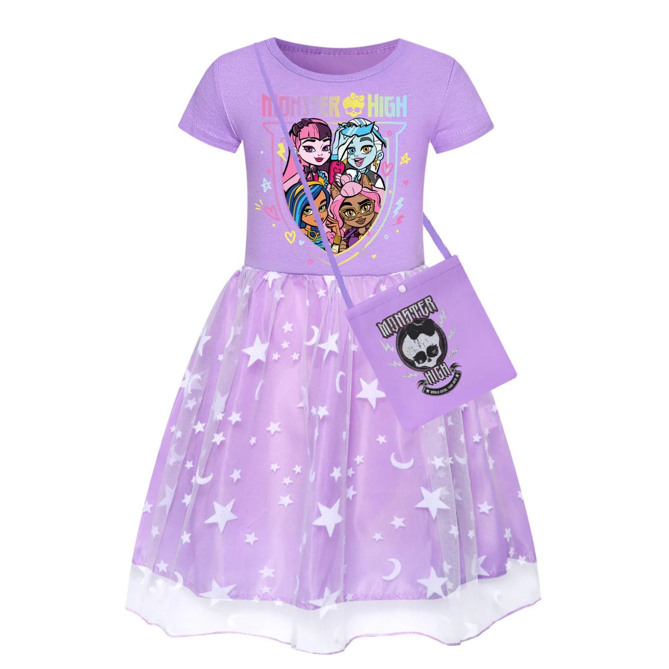 New Summer Monster High Clothes Cartoon Doll Frankie Stein Cosplay Costume Baby Girls Dress Bag Set Kawaii Kids Princess Dresses