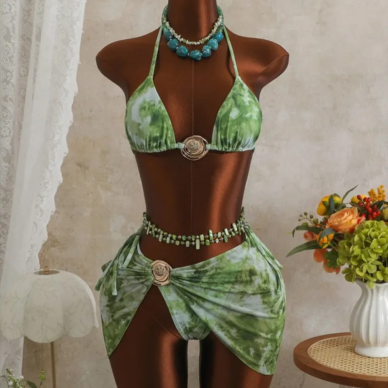 

New with Skirt Tie Dye Halter Bikini Women Swimwear Female Swimsuit Bather Bathing Suit Swim Three-pieces Bikini Set Купальник